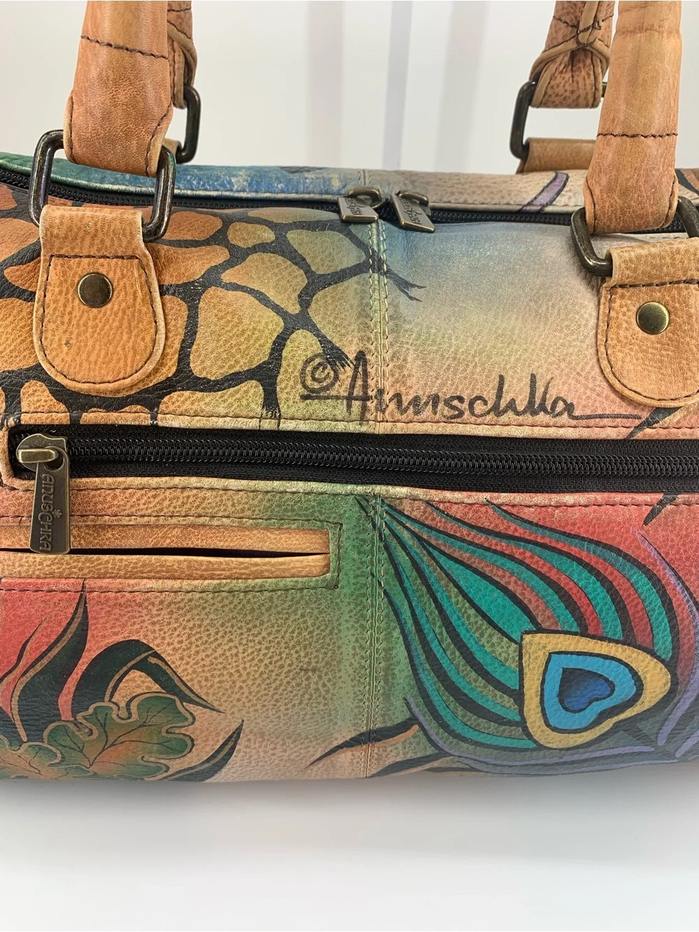 Anuschka Hand Painted Leather Satchel Peacock Feather Botanical Art Crossbody